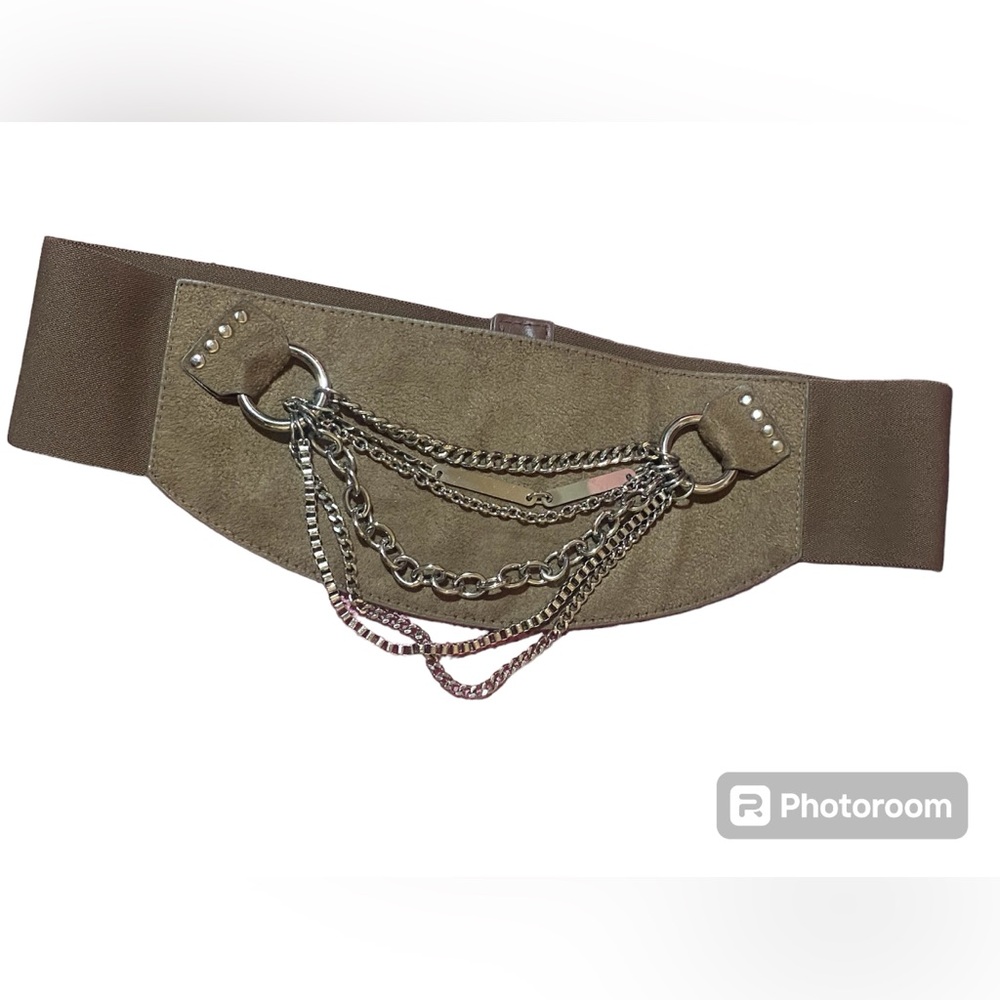 Bebe Wide belt Taupe Tan, chains Silver chain detail Y2K style stretchy size M